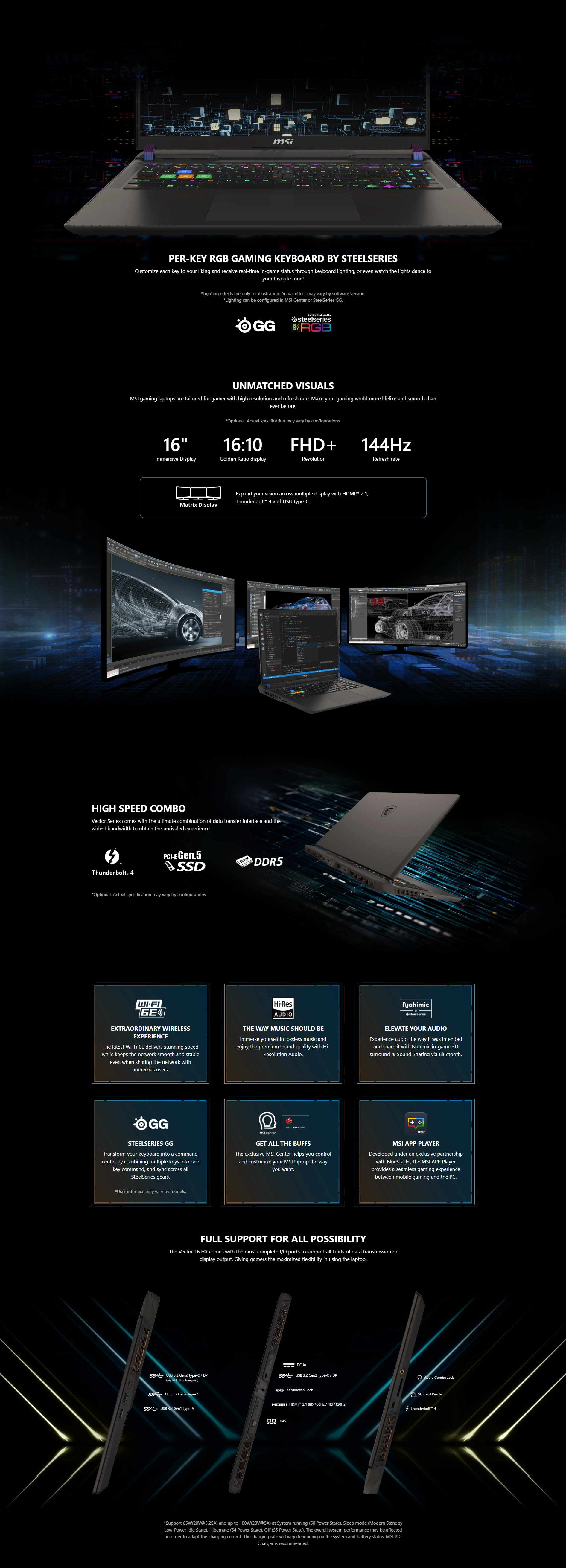 A large marketing image providing additional information about the product MSI Vector 16 HX (A13V) - 16" 240Hz, 13th Gen i9, RTX 4080, 32GB/1TB - Win 11 Gaming Notebook - Additional alt info not provided